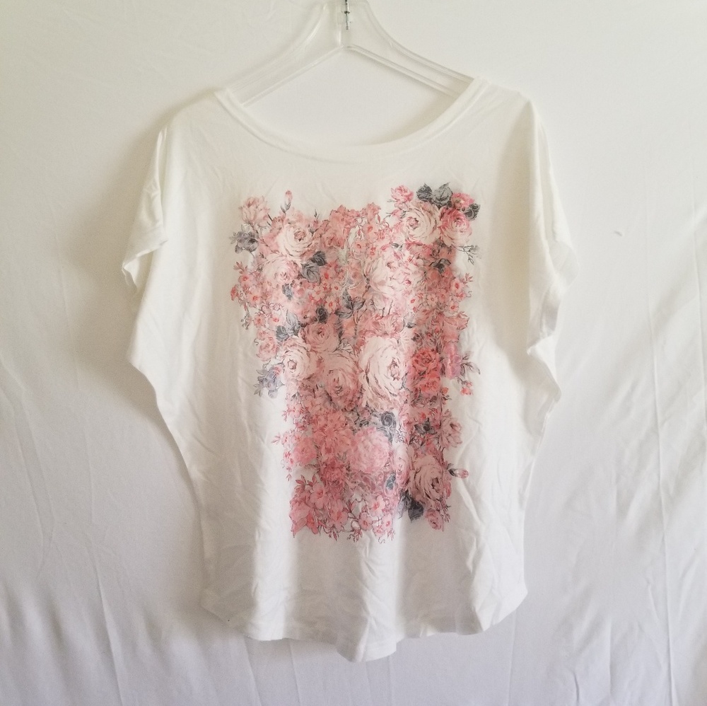Simple White Pink Floral Design Batwing Top